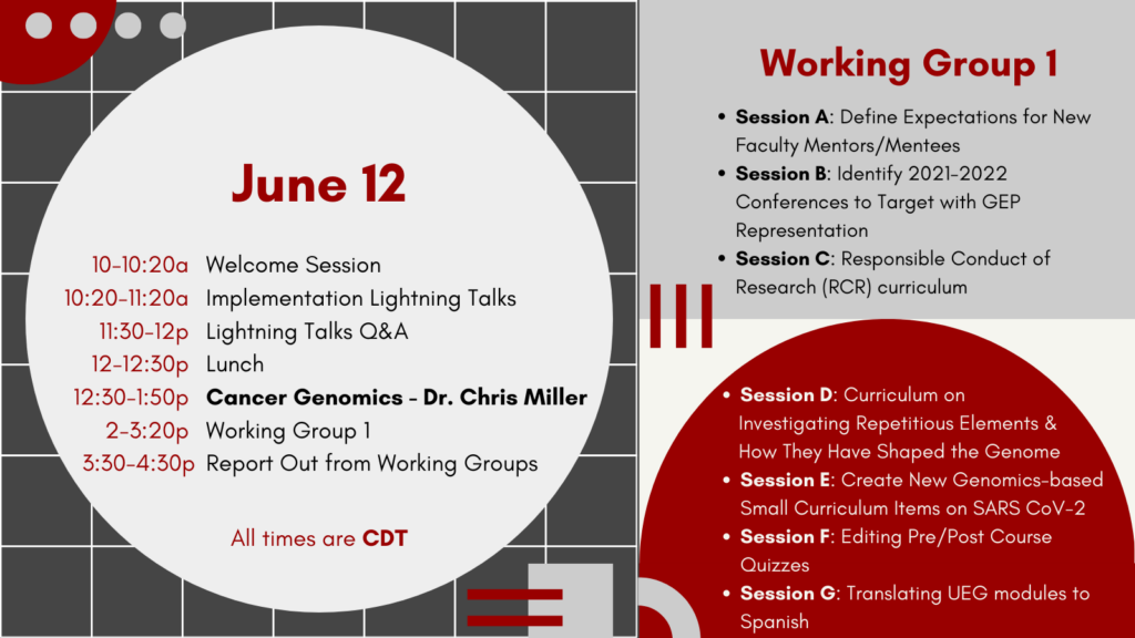 June 12 Alumni Workshop Day 1 Agenda 10-10:20a Welcome Session 10:20-11:20a Implementation Lightning Talks 11:30-12p Lightning Talks Q&A 12-12:30p Lunch 12:30-1:50p Cancer Genomics - Dr. Chris Miller 2-3:20p Working Group 1 3:30-4:30p Report Out from Working Groups Working Group 1 Session A: Define Expectations for New Faculty Mentors/Mentees Session B: Identify 2021-2022 Conferences to Target with GEP Representation Session C: Responsible Conduct of Research (RCR) curriculum Session D: Curriculum on Investigating Repetitious Elements & How They Have Shaped the Genome Session E: Create New Genomics-based Small Curriculum Items on SARS CoV-2 Session F: Editing Pre/Post Course Quizzes Session G: Translating UEG modules to Spanish