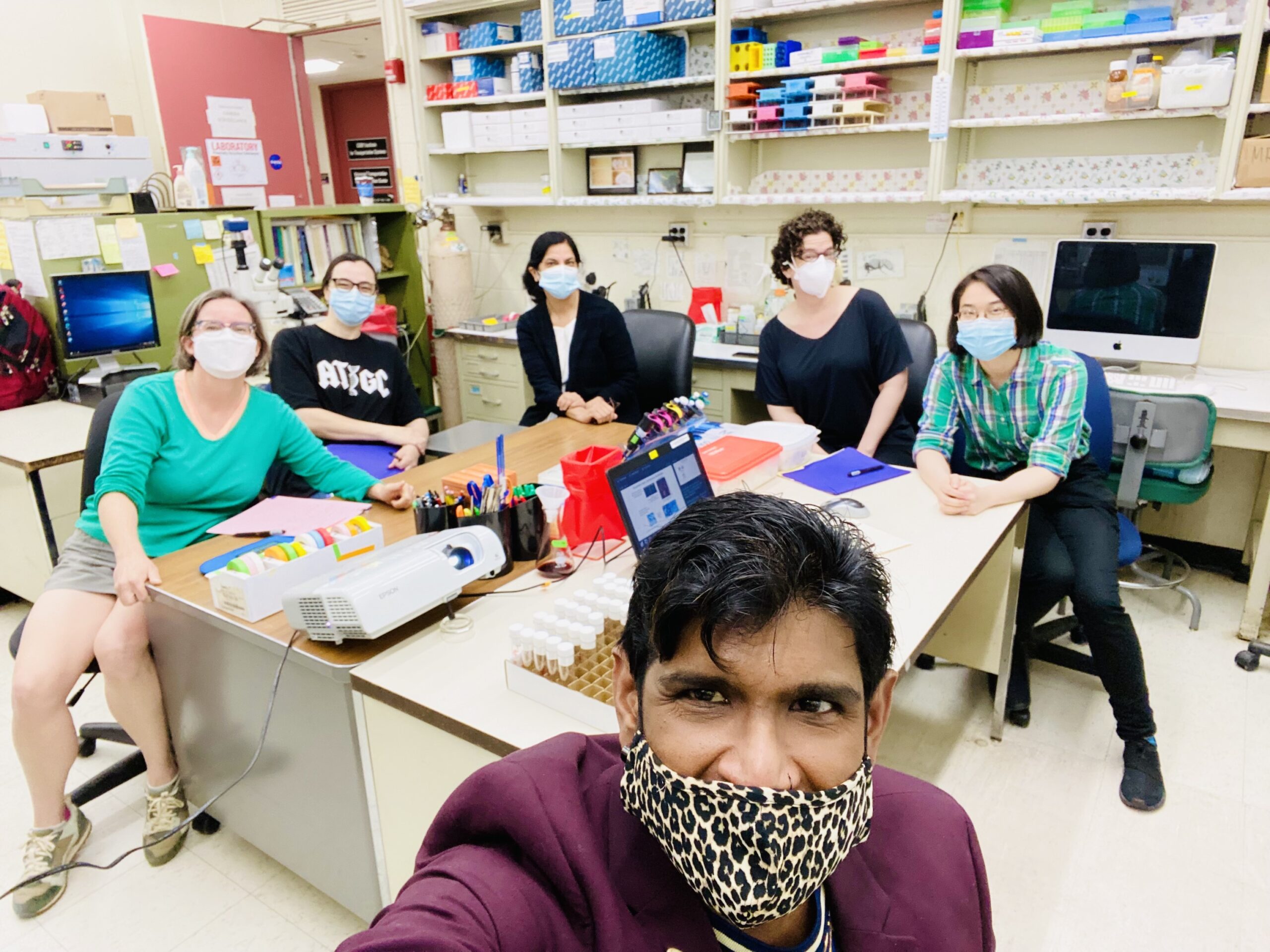 Members took a group selfie while working in the lab